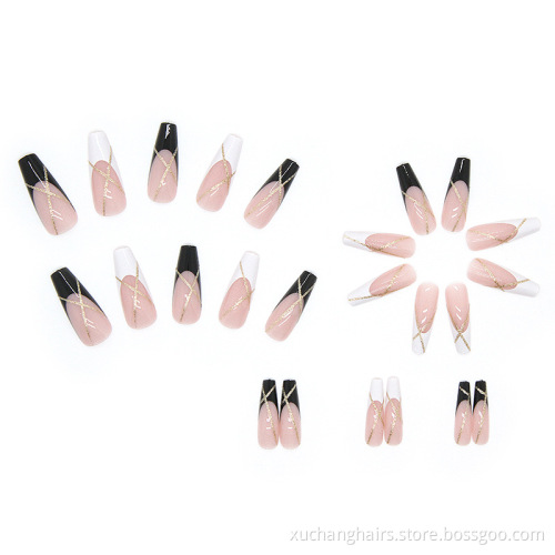 New Style Long Coffin Press On Luxury Fake Nails Custom Pink & Black Matte Ballerina Nail Tips Artificial False Nails